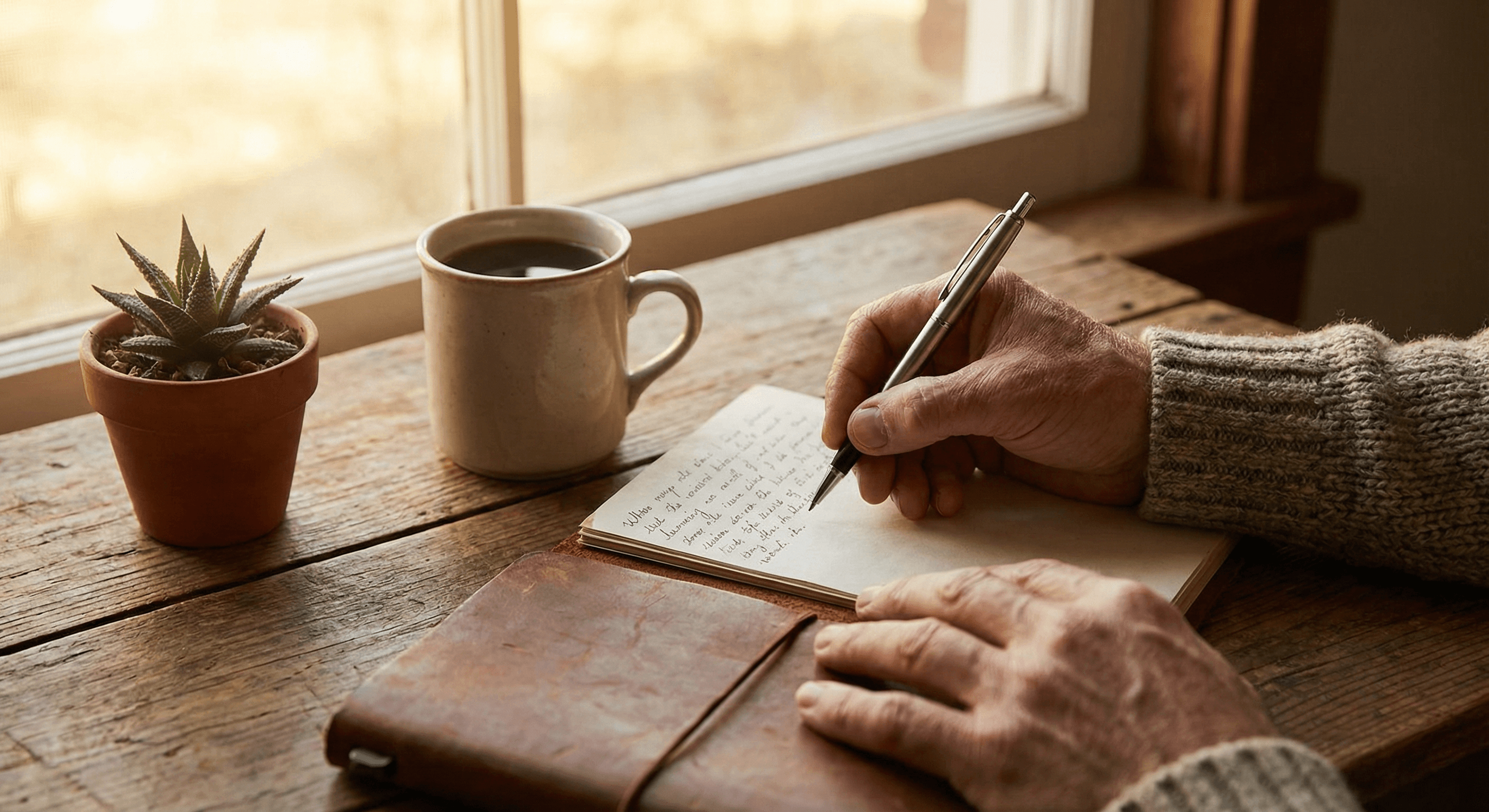 Hands writing in a journal with a cup of coffee — the quiet work of recovery