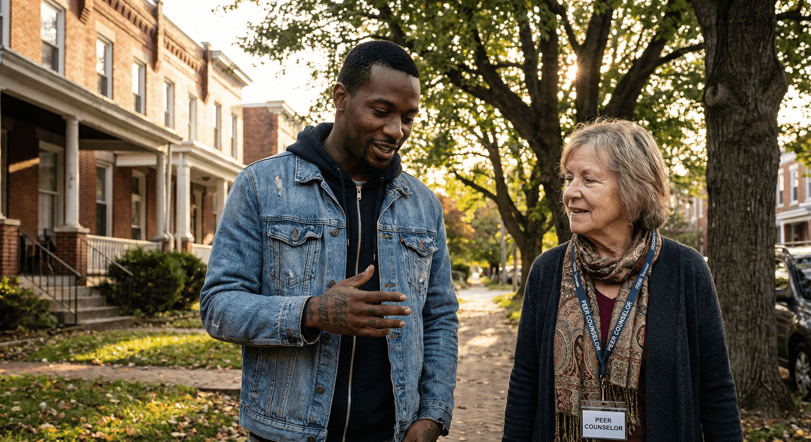 A peer counselor walking and talking with a client on a sidewalk in Maryland